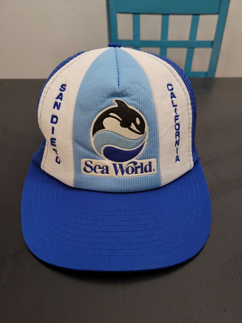 VTG Sea World San Diego Trucker Cap 1990 Mesh Snapback Hat - Orca Logo BLUE
